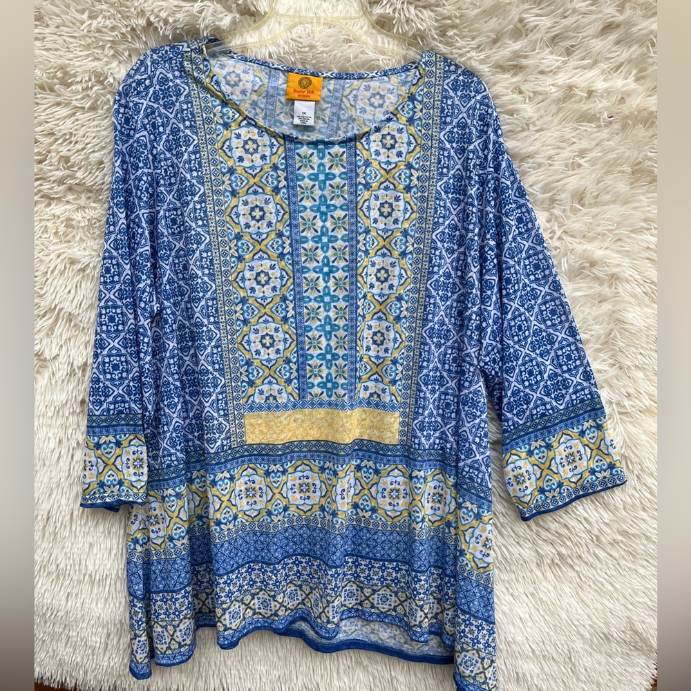 Ruby Rd Blue Patterned Women's Tunic Top with Tile Print. Lightweight Size 1X